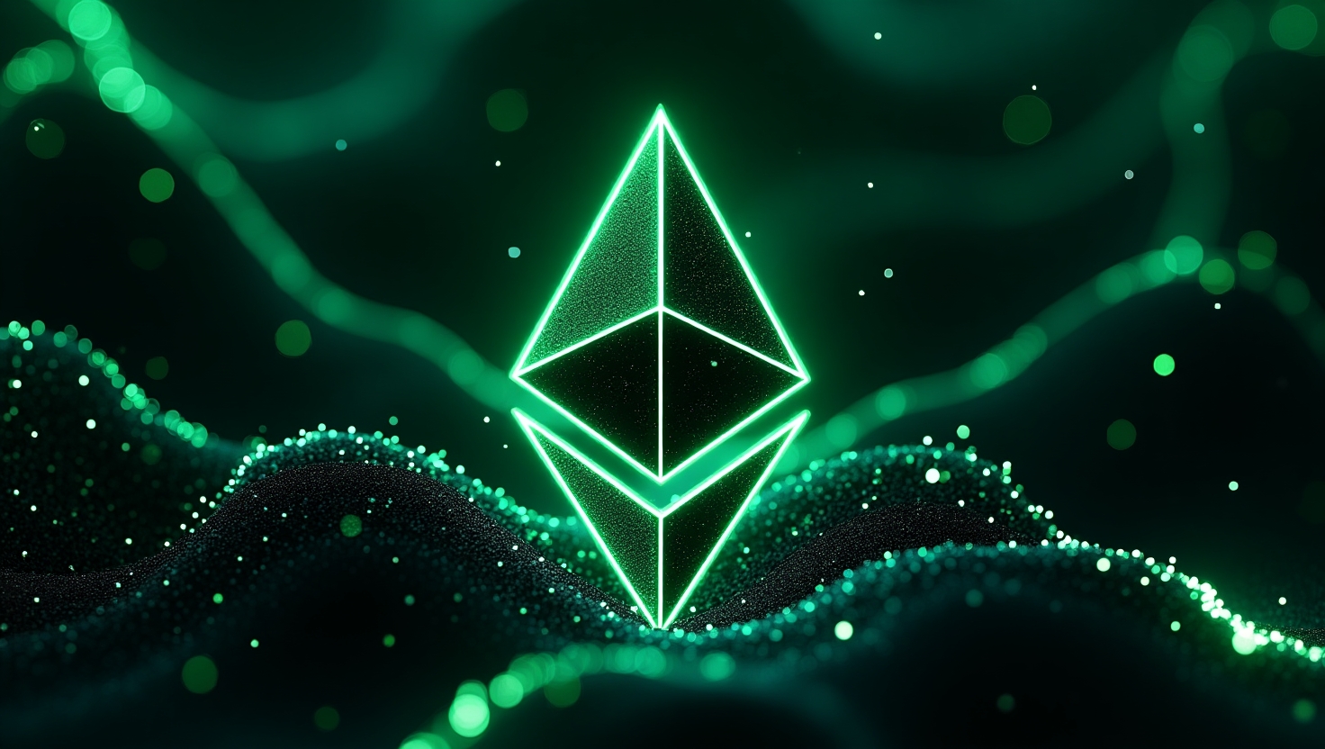 A digital representation of the Ethereum blockchain under cyberattack, with warning symbols and a disrupted network map illustrating the impact on the Sepolia testnet.