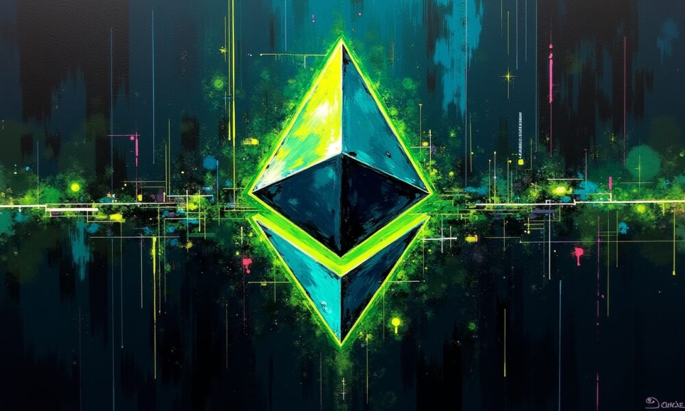 A digital Ethereum coin with a declining price chart in the background, symbolizing ETH’s revised price target.