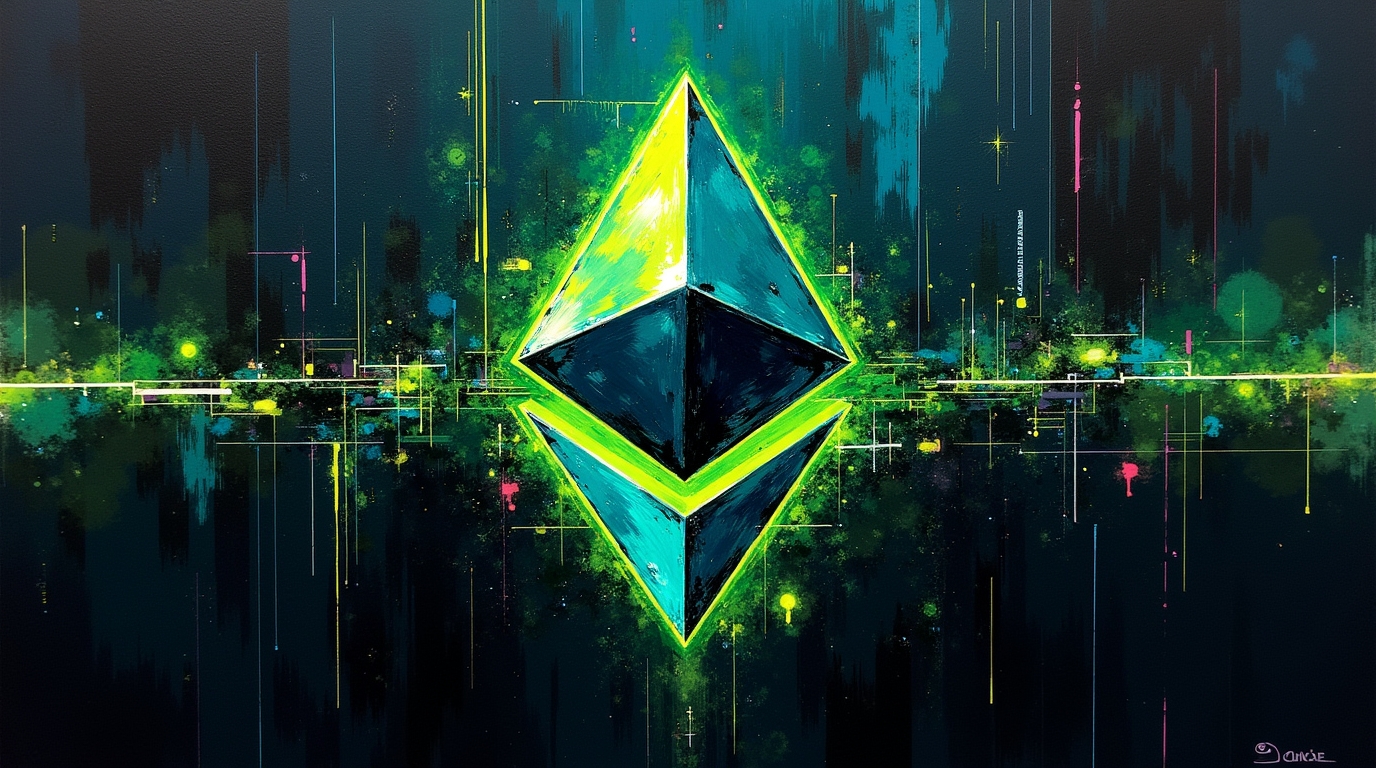 A digital Ethereum coin with a declining price chart in the background, symbolizing ETH’s revised price target.
