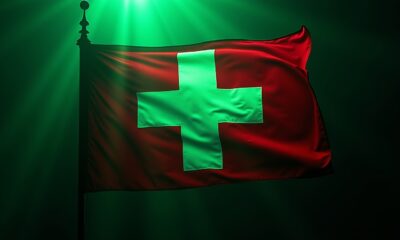 A digital representation of Switzerland’s economy transitioning from cash to blockchain-based payments.