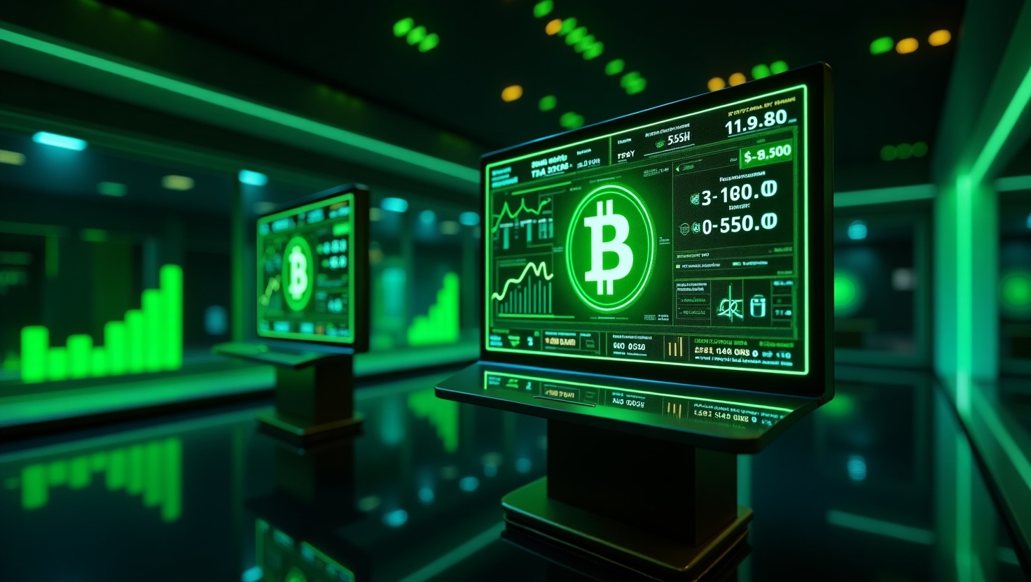 Bitcoin-backed preferred stock certificates overlayed with Wall Street imagery