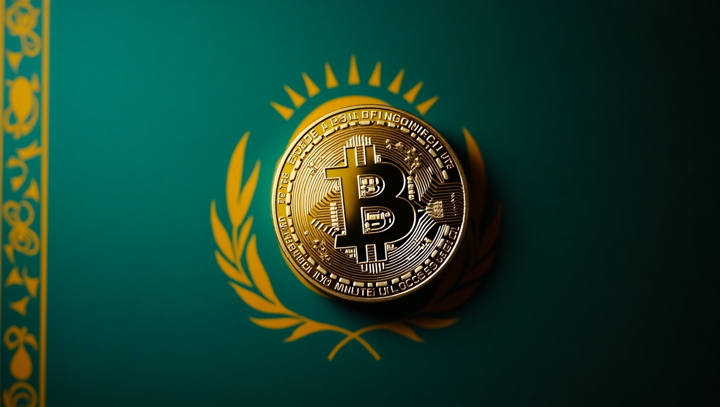Kazakhstan flag over a Bitcoin reserve vault concept illustration